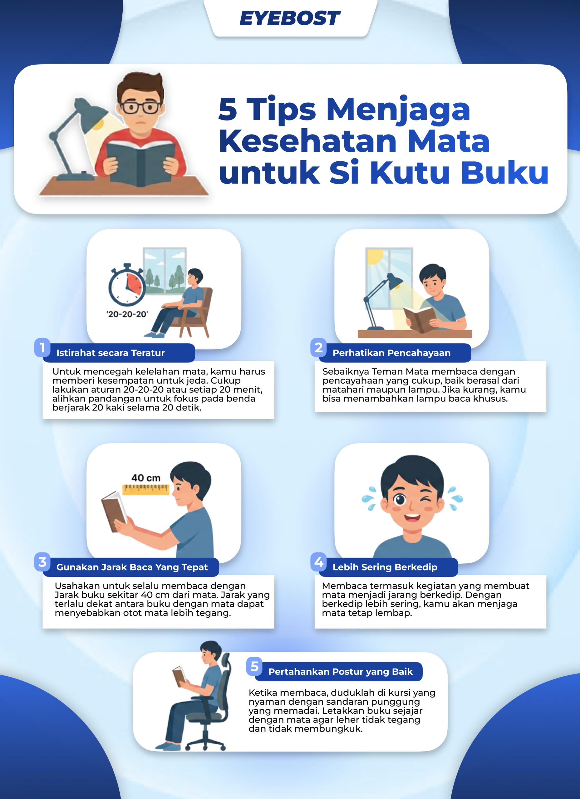 Infografis Menjaga Kesehatan Mata saat Membaca